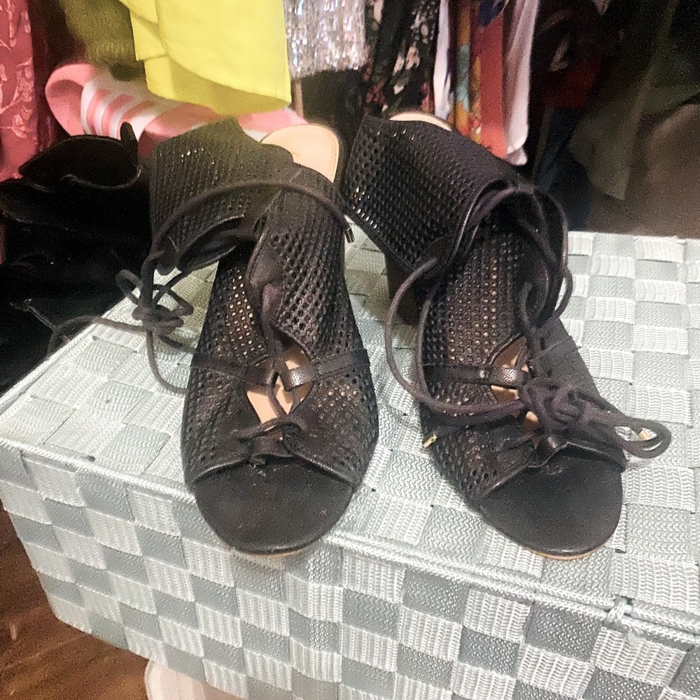Black perforated designed leather heeled sandal